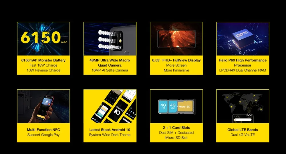 UMIDIGI power 3 Android 10 48MP Quad AI камера 6150 мАч 6,5" FHD+ 4 Гб 64 Гб Helio P60 глобальная версия смартфон NFC предпродажа