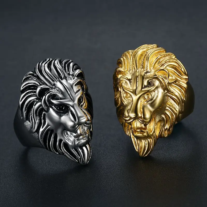 

Hip Hop Stainless Steel Lion Head Gold Silver Plated Band Rings For Men Women Punk Retro Gothic Jewelry