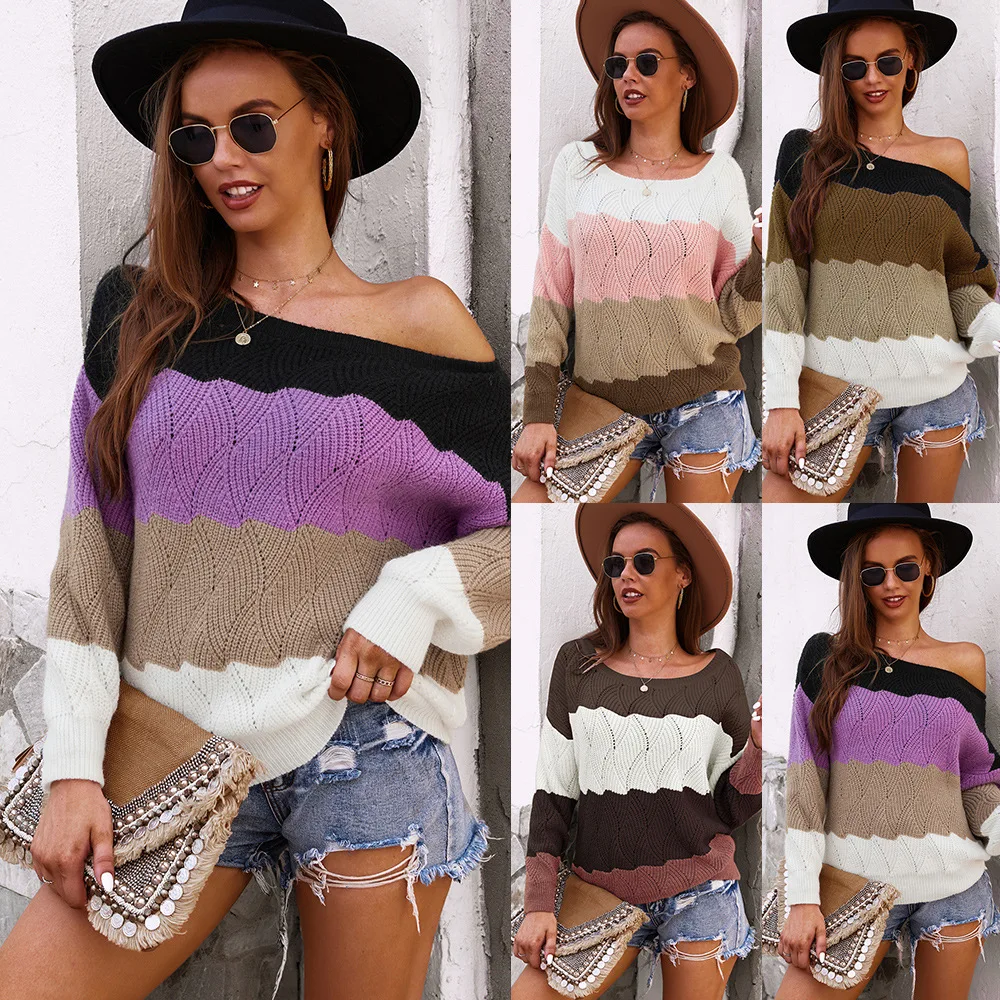 

Autumn Sexy Stripes Patchwork Soft Long Sleeve Sweater for Women Winter Warm Women Cotton Knitwear Boho Lady Loose Pullover Tops