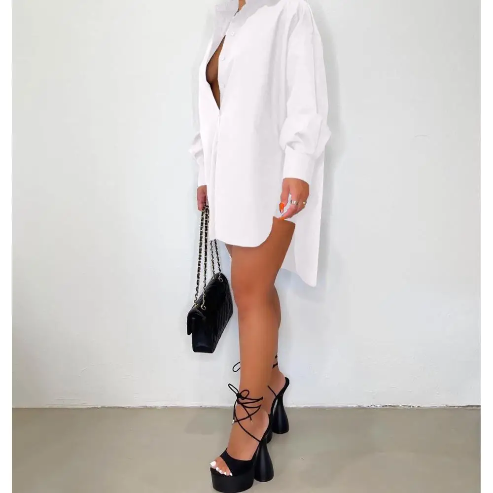 

Black White Turn Down Collar Button Shirt Dress Single Breasted Long Sleeve Office Lady Loose Blouser Short Dresses Side Split