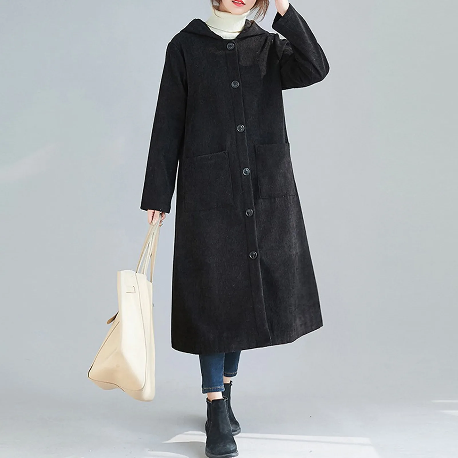 

Модный женский Повседневный свободный однотонный вельветовый кардиган с капюшоном и длинным рукавом, длинный бархатный кардиган на пугови...