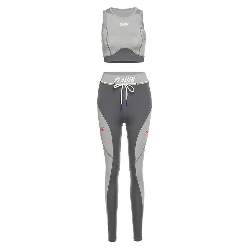 

Women printed contrasting colors two piece set fitness workout activewear skinny stretch top and leggings female sport outfits