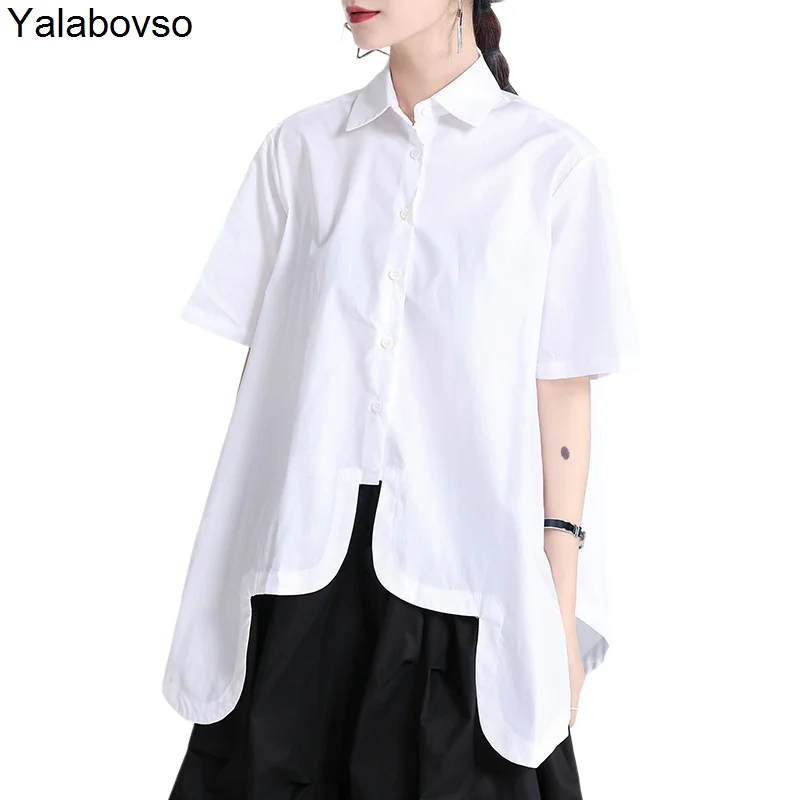 

2021 Summer New Irregular Wide Hem White Shirt Thin Loose Shirt Female Tees And Tops Fashion