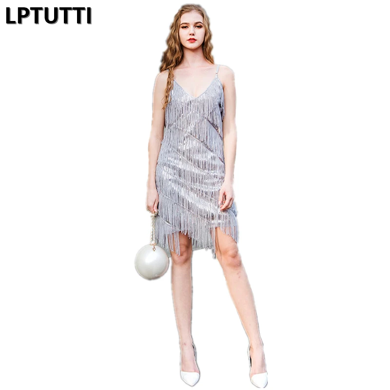 LPTUTTI Новые Сексуальные женские вечерние платья с блестками и кисточками, большие размеры
