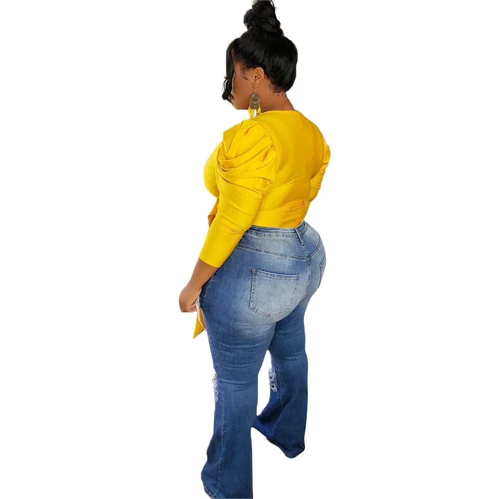 

L-4XL Ruched Solid Color Plus Size Blouses Women Fashion Deep V-neck Long Puff Sleeve Shirt Classic Ladies Tip Up Slim Fit Tops