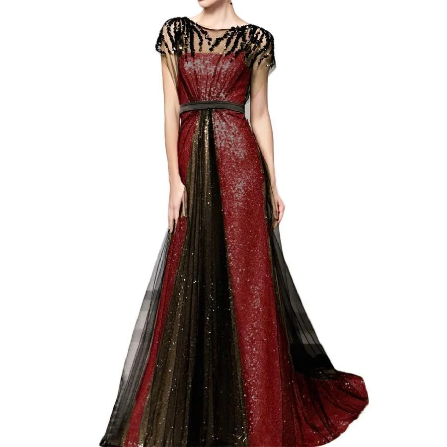 

Sequins Long Evening Dresses Scoop Cap Sleeves Tulle Prom Dress Elegant Ruched Empire Formal Gowns vestidos de gala Ladies Gown