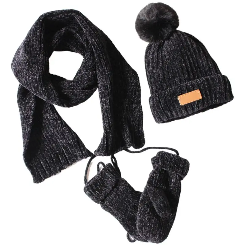 3 в 1 Дети зимние ребристая трикотажная теплая вязаная шапка с помпоном шарф