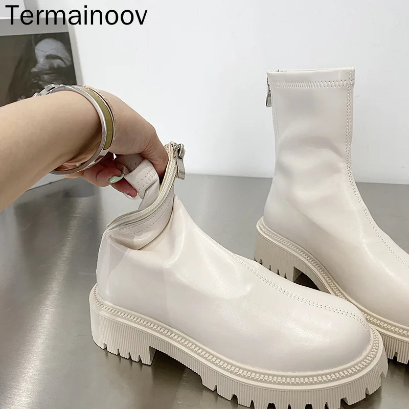 

Женские сапоги на молнии Termainoov, высокие зимние сапоги до колена на среднем каблуке, модные ботинки-мартинсы