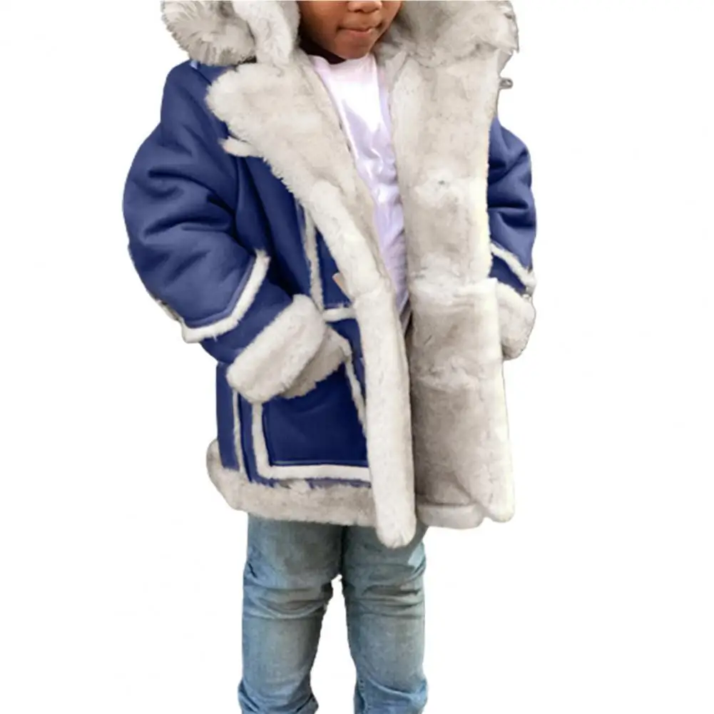 

Faux Fur Stylish Lapel Pockets Hooded Jacket Kids Boys Hooded Jacket Patchwork for Vacation