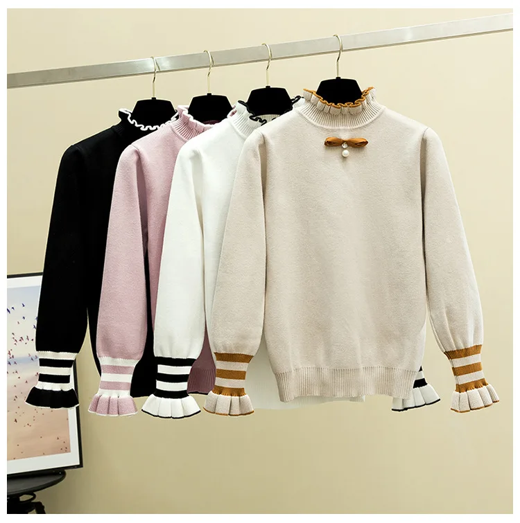 HLBCBG женский свитер с гофрированным воротником, Осень-зима, толстый женский джемпер, топ с бабочкой и бусинами, Опрятный свитер для школьниц, пуловер