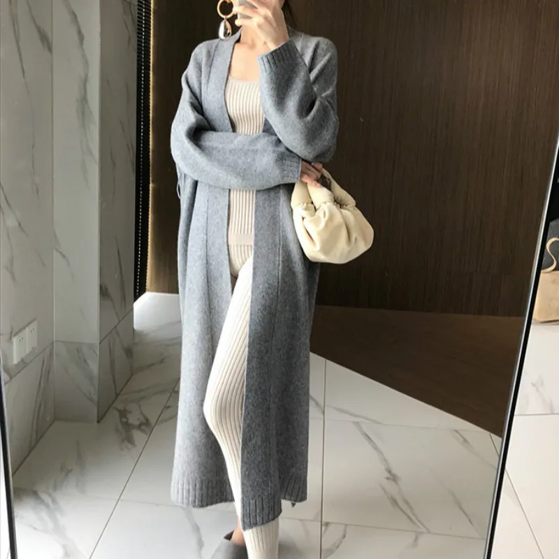 2021 Women Autumn Winter Long Cashmere Knitted Cardigan Sweater Sashes Open Stitch Oatmeal Color Split Hem Crochet Outerwear |