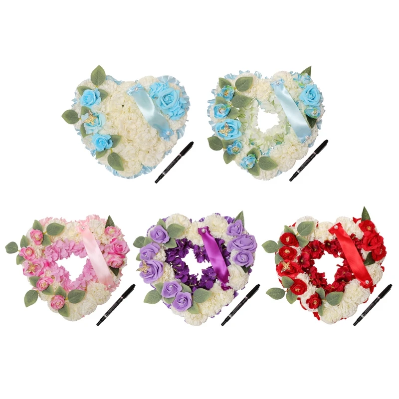 

W3JA Artificial Flower Garland Funeral Floral Arrangements Heart Shaped Tribute Memorial Wreath with Ribbon Grave Halls Decor