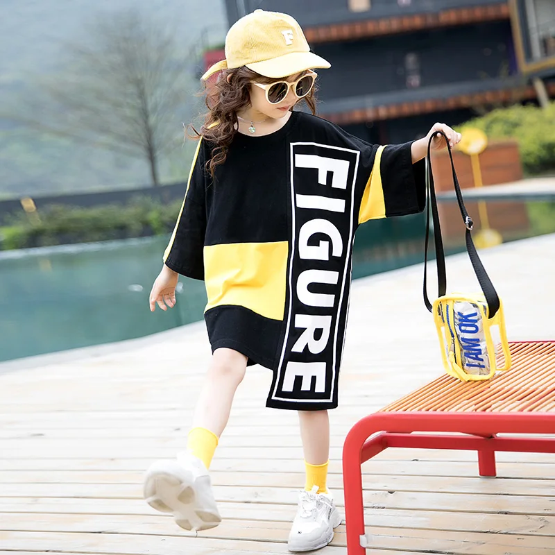 

INS Hot Girls Korean Letter Casual Dresses 3-13 Years Old Children's Cotton Clothing Crew Neck Spring and Autumn Kids Clothes