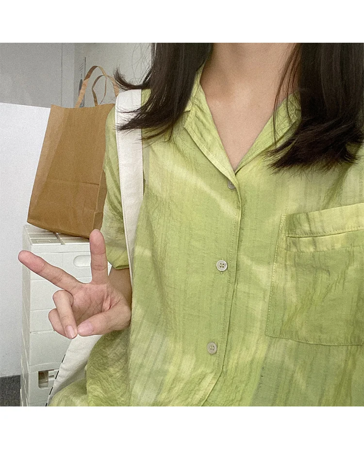 Green Shirt Pomelo Tie Dyed Women's Loose V-neck Short Sleeve Top | Женская одежда