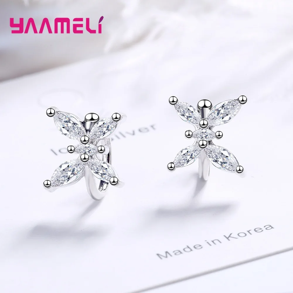Big Promotion Sterling Silver 925 Cuff Clip On Earrings Sweet Clear CZ Diamond Crystal Bowknot Ear Brincos Jewelry for Wedding | Украшения