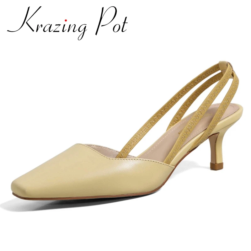 

Босоножки Krazing pot женские из натуральной кожи, однотонные сандалии на среднем каблуке, без застежки, с квадратным носком, Брендовая обувь, L46