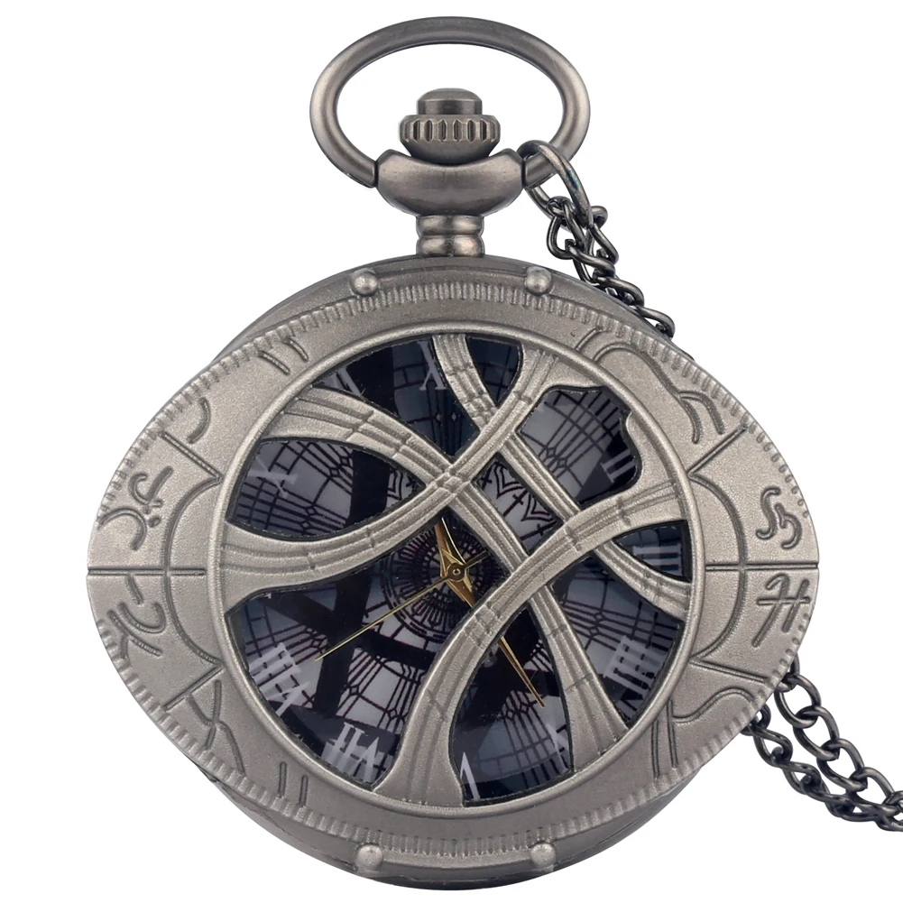 black 80cm chain Bronze Doctor Strange Theme Eye Shape Case Quartz Pocket Watch Unisex Arabic Numerals Dial Necklace Fob Chain Clock Gift Reloj - Цвет: black 80cm chain