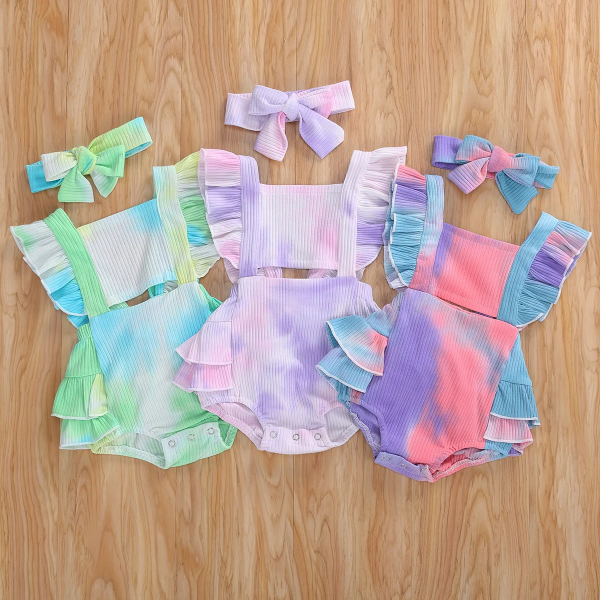 

Infant Baby Girls Ruffled Ribbed Colorful Short Romper Tie Dye Gradient Lotus Leaf Decoration Cool Sleeveless Summer Clothes
