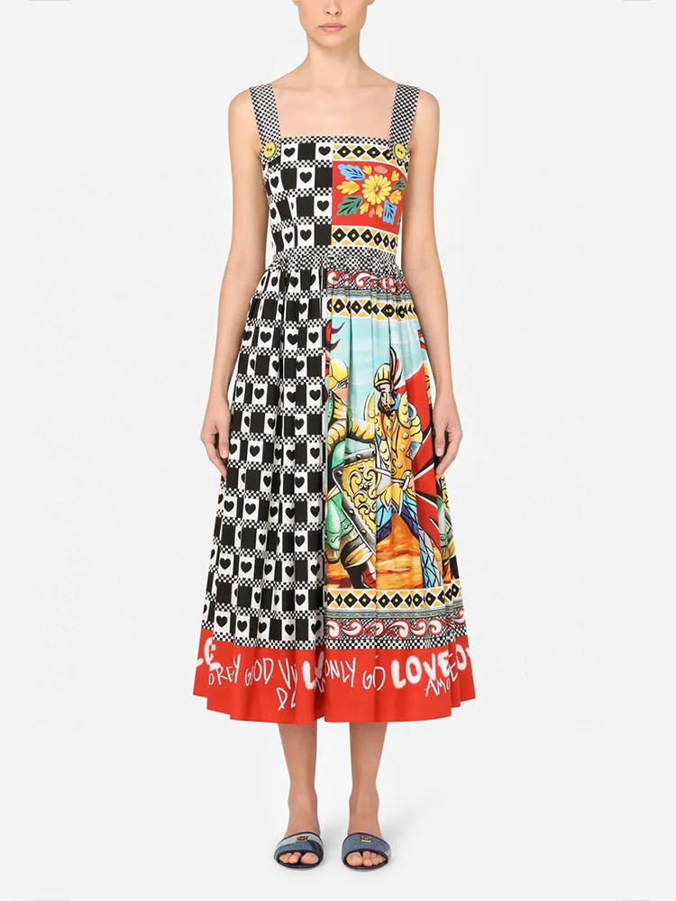 

High-end custom poker printing sexy waist waist was thin big swing suspenders ladies summer women new style dresses pure cotton