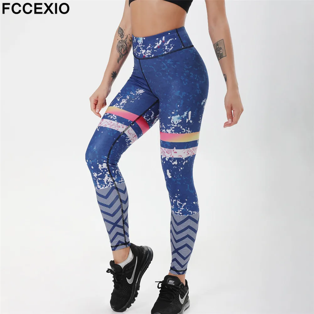 

FCCEXIO New Sexy High Waist Elasticity Women Mosaic Stripes 3D Printed Leggings Push Up Strength Pants Summer Fitness Trousers