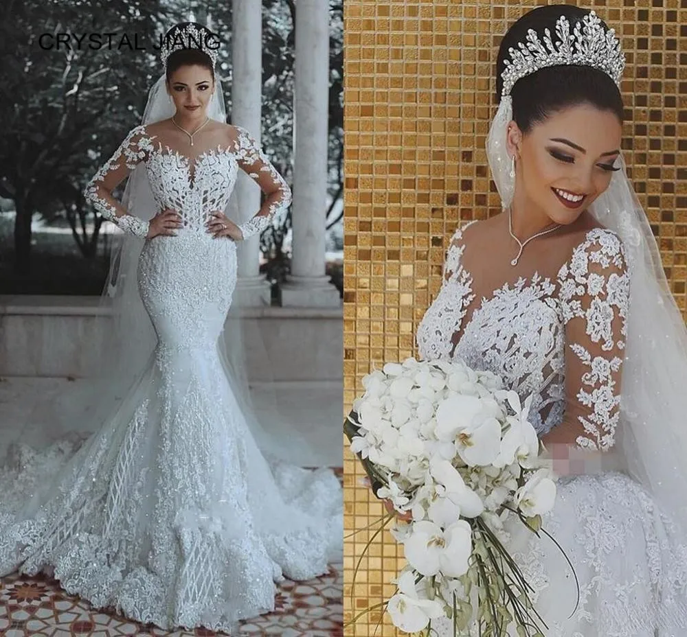 

New Fashion 2020 Wedding Gown Jewel Collar Lace Applique Mermaid Wedding Dresses Long Sleeves Muslim Bride Dress Vestido Novia