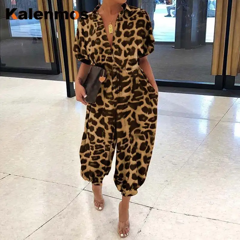 

KALENMOS Plus Size Summer Romper Jumpsuits Women Overalls Sexy Leopard Print Retro Short Sleeve Loose Cargo Bodysuit Africa Ropa