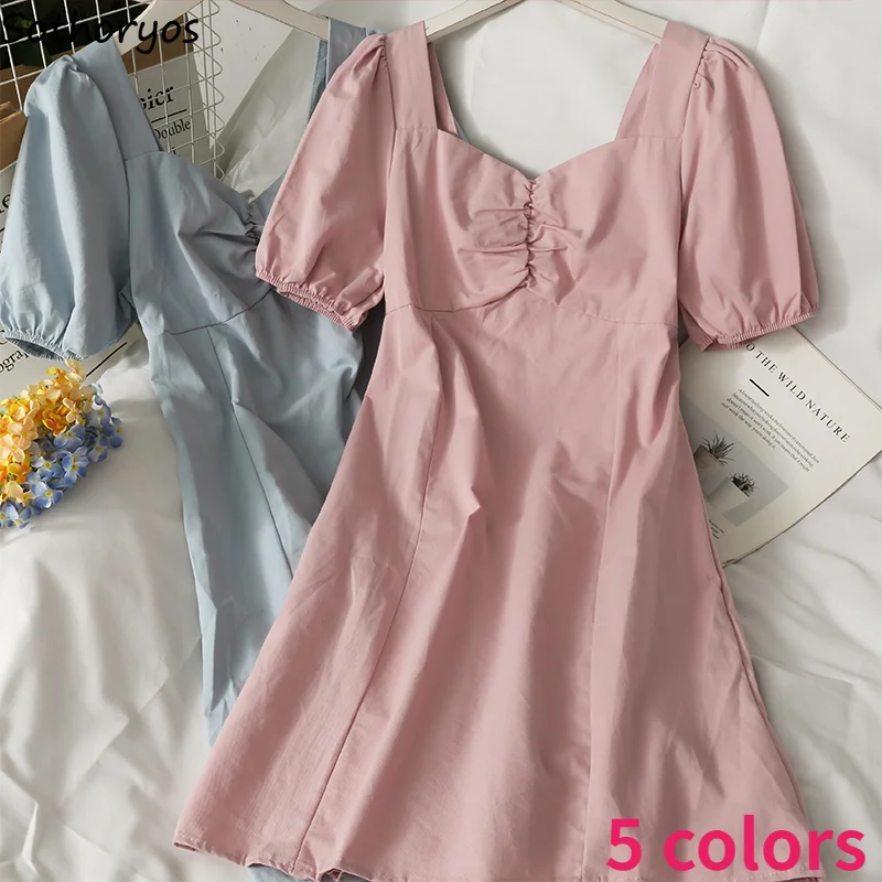 

Women Short Sleeve Dress Square Collar Puff-sleeve Summer Elegant All-match Shirring A-line Ulzzang Mujer Solid Empire Fashion