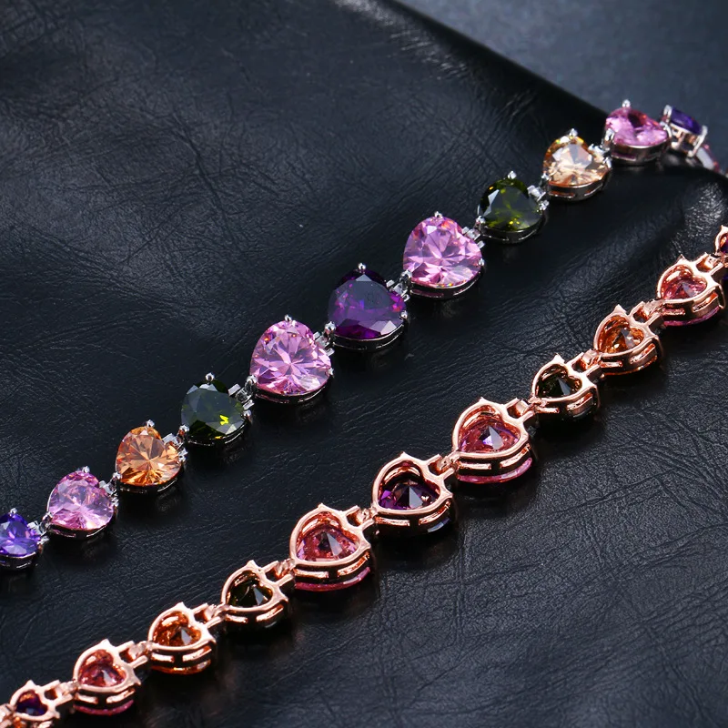 

Ekopdee Romantic Heart Shape Zircon Bracelet Bangle For Women Multi Color Cubic Zirconia Chain Bracelets Female Fashion Jewelry