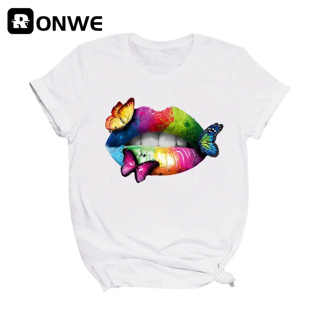 Черная футболка с коротким рукавом и принтом радужных губ бабочек винтажный топ