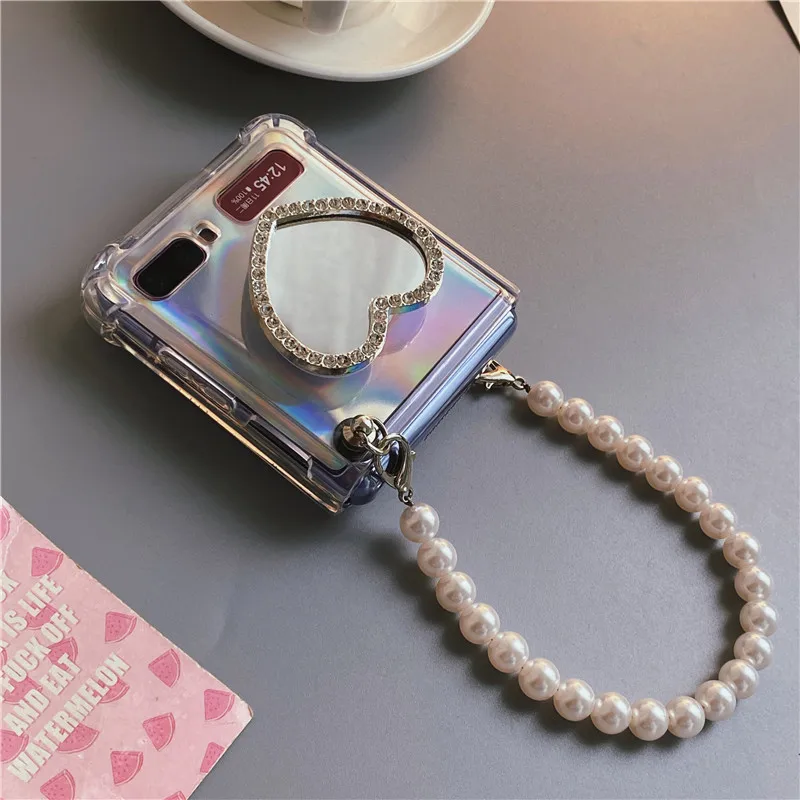 Pearl Hand Chain Handbag Case Cover For Samsung Galaxy Z Flip 5G 3 Cute Diamond Love Mirror Stand Holder Laser Card Fundas Capa