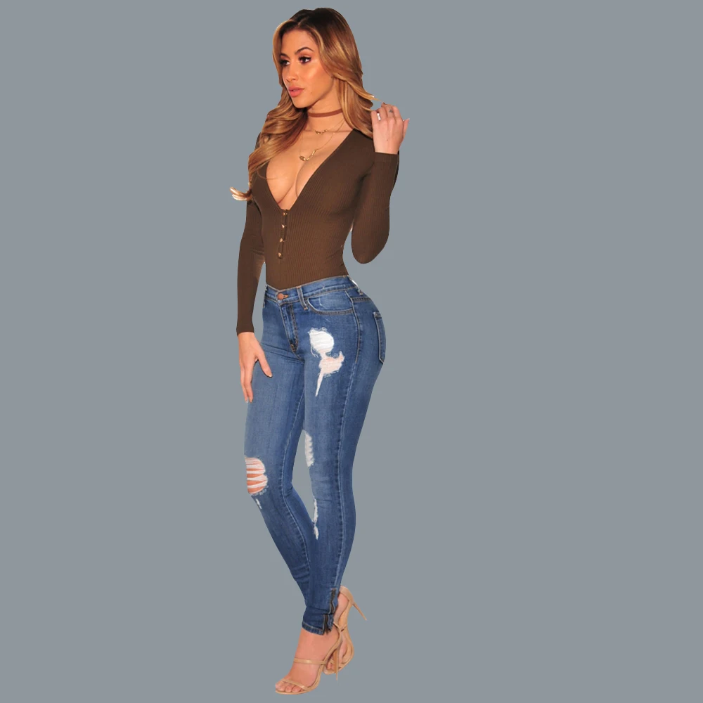 Женские джинсы с высокой талией Темно-Синие рваные повседневные Стрейчевые