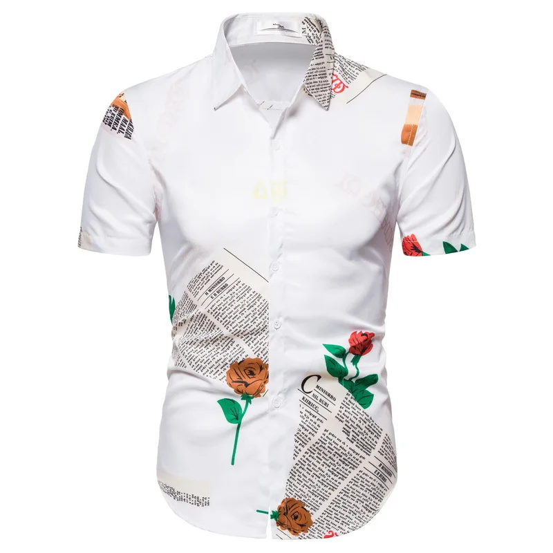 

Summer Latest Fashion Plus size Men Newspaper Printed Beach Wear Cotton Short Sleeve Shirt