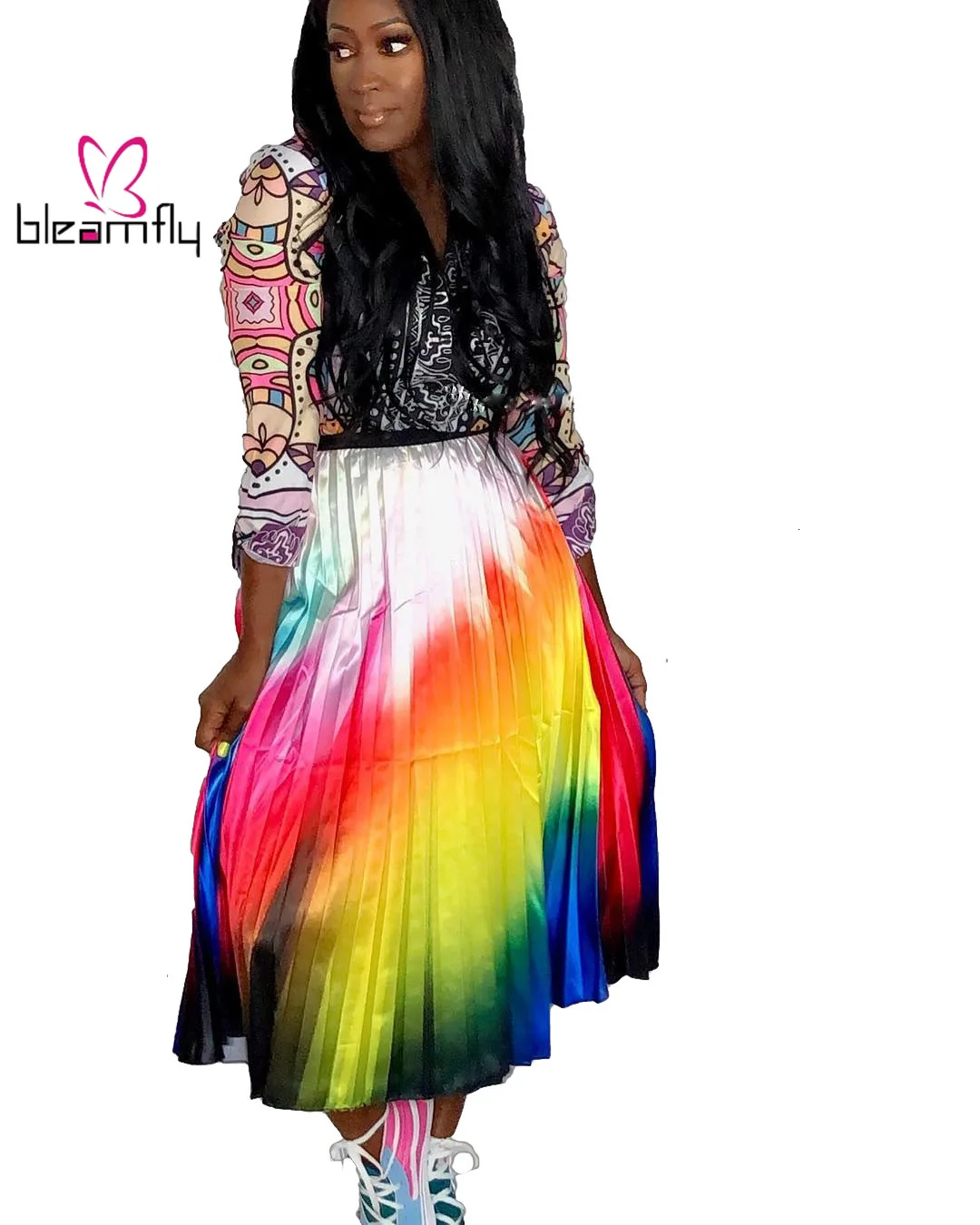 2019 Осенняя Женская Новая цветная юбка до середины икры с высокой талией