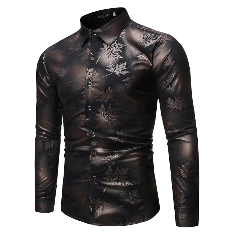 

Men's Shirt Casual Large Size Fashion Henry Collar Design Shirt Maple Leaf Floral gold Stamping Long-Sleeve Top In Three Colors