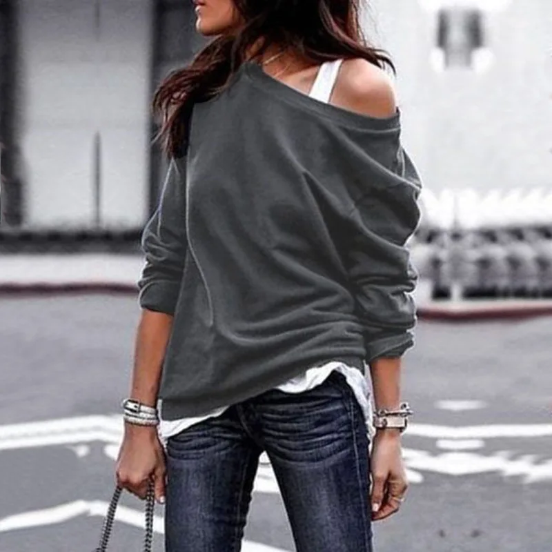 

Women Long Sleeve Pullovers One Shoulder sweatshirts Sexy Slash Neck Tops 2021 Female Autumn Fashion Loose Hoodies Plus Size 3XL