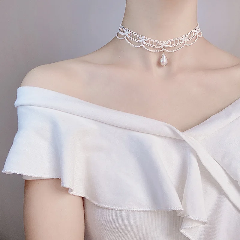 

Sweet Girls White Lace Chain Collar Chokers Party Neck Jewelry Fashion Temperament Imitation Pearl Water Drop Necklace For Women