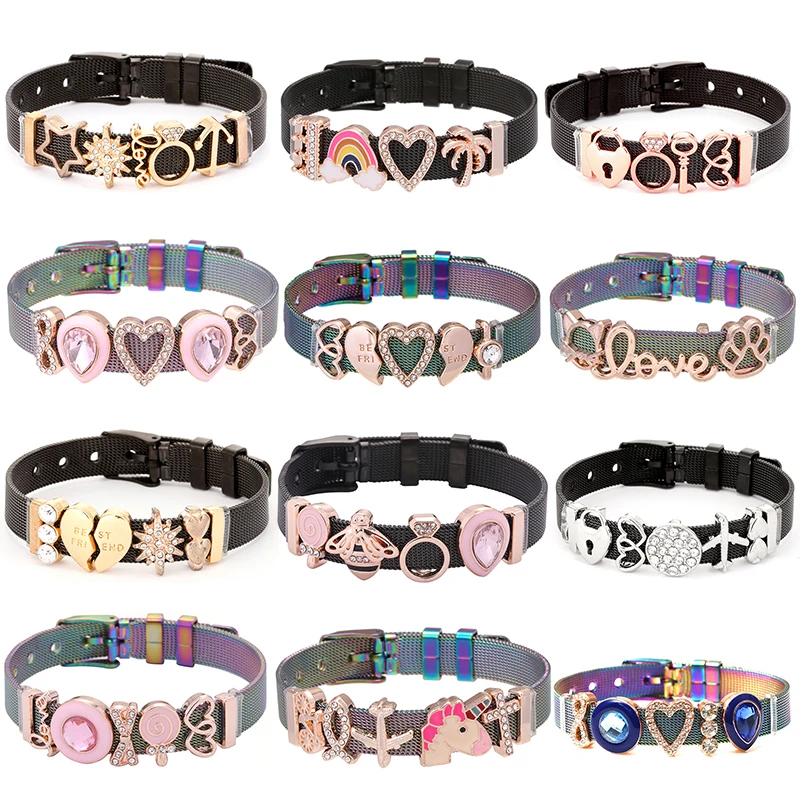 

Черный и красочный браслет BAOPON из нержавеющей стали с сеткой, браслеты для женщин с шармами-слайдерами, браслеты «сделай сам», ювелирные изд...