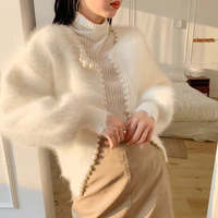 sweater mink cardigans women winter jacket coat solid white pink overcoat fashion soft lantern sleeve pearl beaded sweater coat