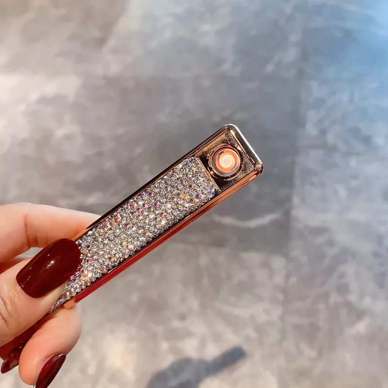Crystals Lighter Electronic USB Rechargeable Lighter For Girls Portable Mini Lighter Silm Smoking Accessories enlarge