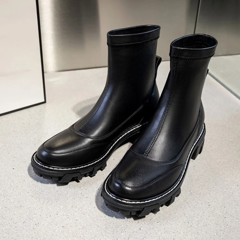 

Kanseet Shoes Women Genuine Leather Round Toe Chunky Ankle Boot Fashion Mid Heel Winter Brand Designer Platform