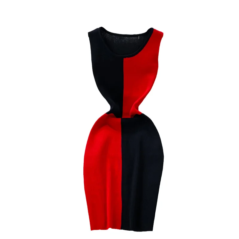 

Summer New Women Celebrity Ol Office Dress Lady Slim Mid Long Sleeveless Vest Dress Girls Color Matching Bodycon Dress