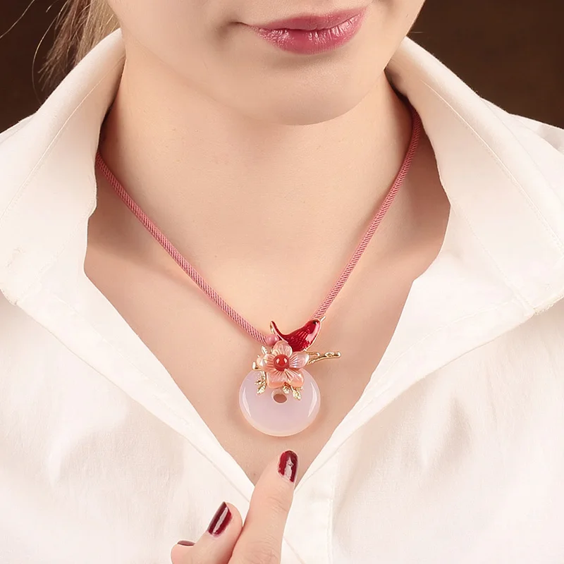 

China Ethnic Talisman Necklace For Women Bird And Flower With Traditional Amulet Pendant Necklace Engagement Jewelry Gift