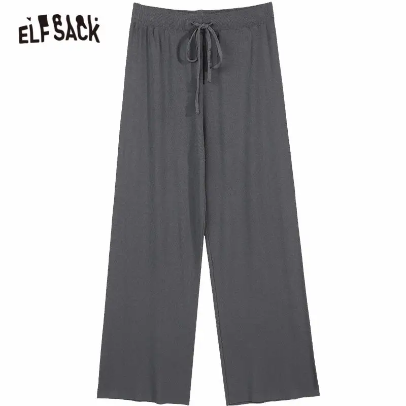 

ELFSACK Black Solid Straight Wide Leg Women Casual Pants 2020 Spring Gray Pure High Waist Female Apricot Korean Daily Trousers