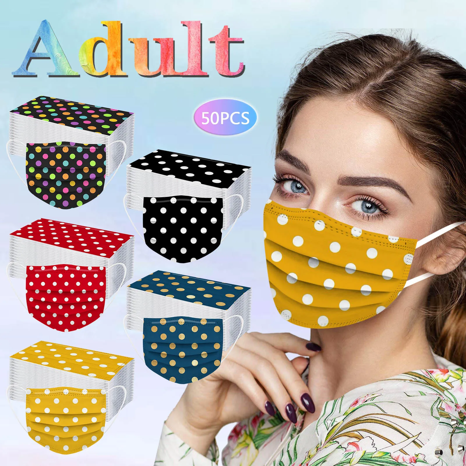 

50pcs Adult Wave Point Print Masks Disposable Mask 3 Layer Ply Meltblown Cloth Filter Earloop Dustproof Protective Face Mask