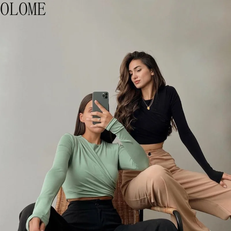 

OLOME 2021 O Neck Brown Long Sleeve Crop Top Women Basic Casual Autumn Winter Sexy T Shirts Black Ruched Streetwear Fashion