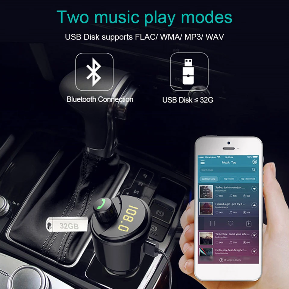 Беспроводная гарнитура Bluetooth Car Kit MP3 Музыкальный плеер FM-передатчик Громкая связь Dual USB