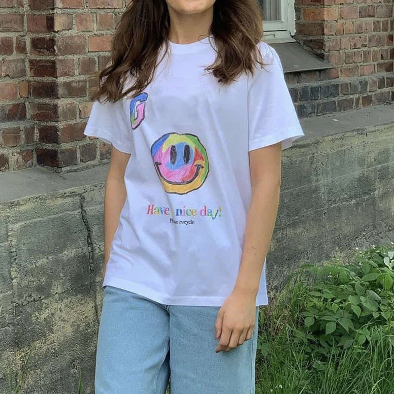 

Rowling Color Letter Smiley Print Tees Tshirt Women Summer O Neck Short Sleeve Cotton T-Shirts Casual Vintage Cozy Tops 2021