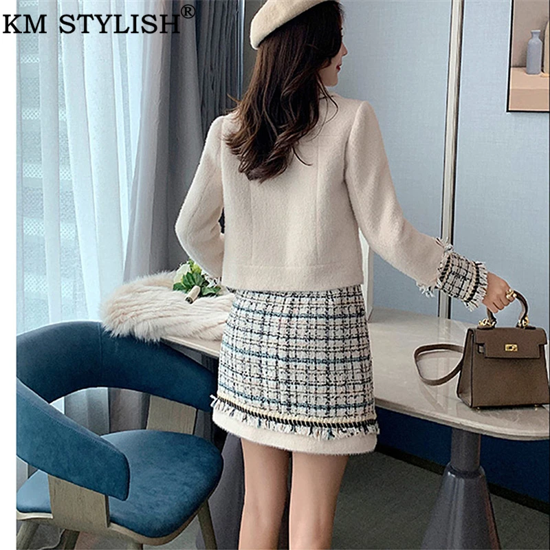 Женский твидовый комплект KM Осень-зима 2019 украшенный жемчужинами пуговицами