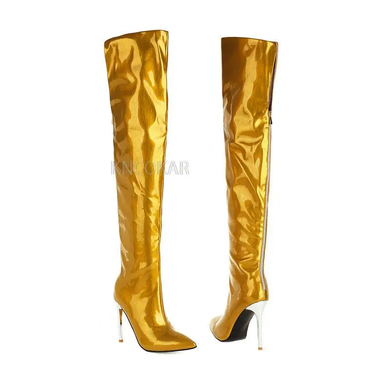 Shiny leather pointed toe stiletto super high heel over the knee boots long boots gold large size women's boots high boots