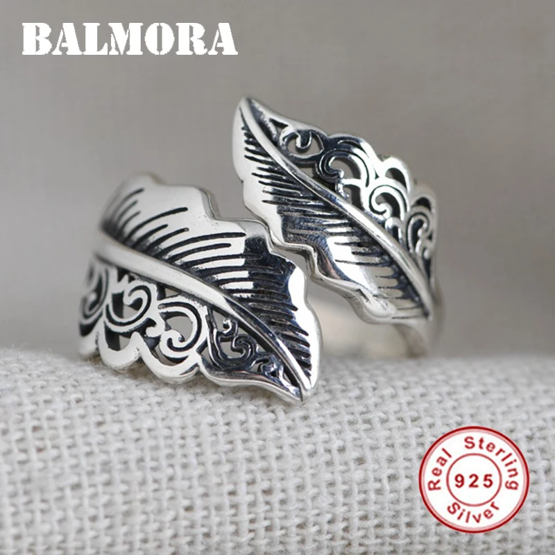 

BALMORA 100% 925 Sterling Silver Leaf Ring For Men Women Retro Open Adjustable Ring Stackable Statement Ring Jewelry Anillo Gift